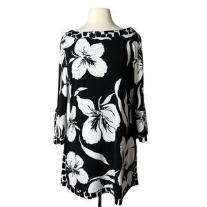 White House Black Market Women's Black and White Floral Shift Stretch Dress XL
